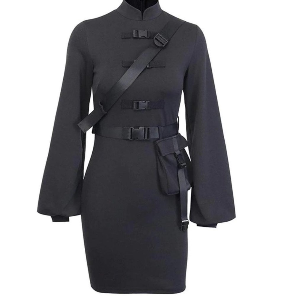 Mandarin Collar Techwear Dress Darkwear 90s Inspired Cargo Dress